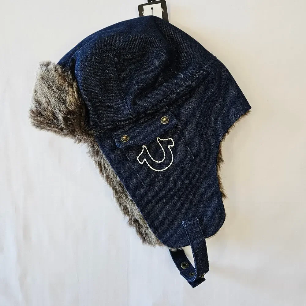 True Religion Earflap Cap Hat Faux Fur Denim Winter